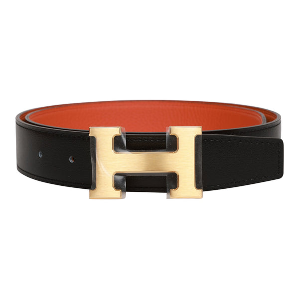 Hermes Rare Constance 32mm Gold Stripy H Black Orange Reversible Belt 90cm  - LAR Vintage