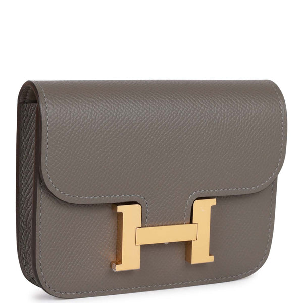 Hermès Constance Slim Wallet In Black Epsom With Gold Hardware in White