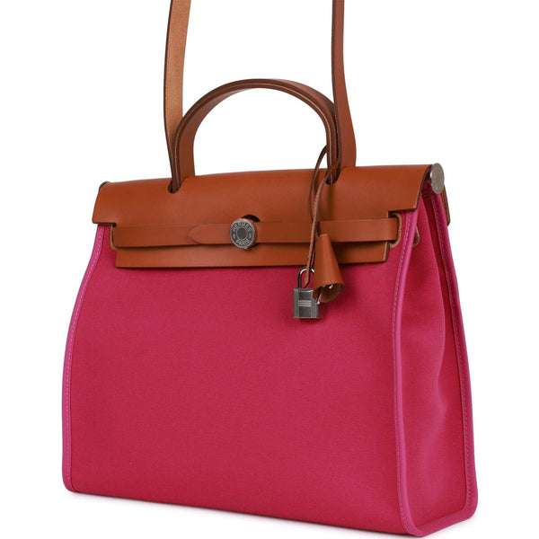 The HerBag Zip PM in Rose Purple canvas and Natural leather with