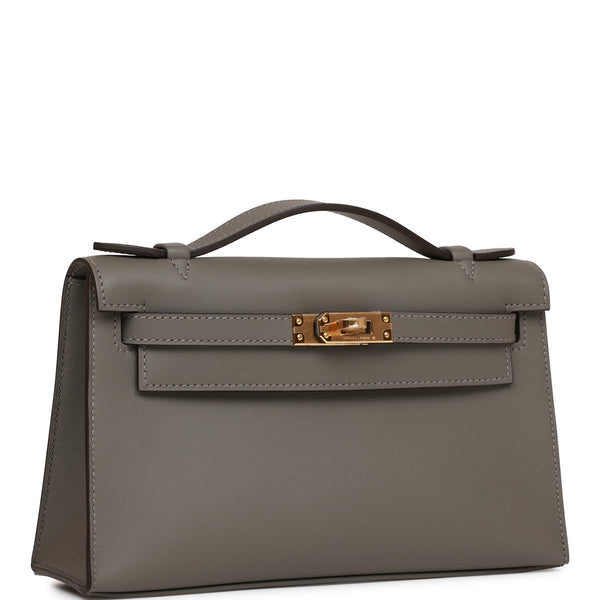 HERMES Gris Meyer gray Swift leather KELLY POCHETTE Clutch Bag w Gold For  Sale at 1stDibs