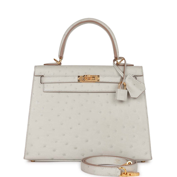 Hermes Kelly 25 Sellier Ostrich 80 Gris Perle GHW Stamp Z