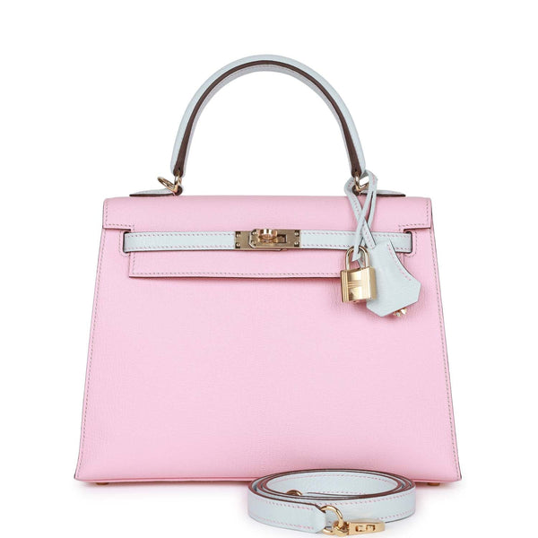 Hermes Special Order (HSS) Kelly Sellier 20 Rose Sakura and Gris Perle  Chevre Gold Hardware