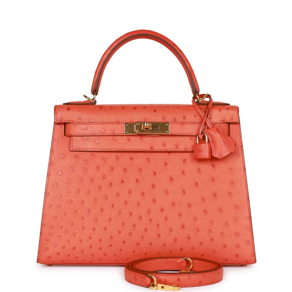 Pre-owned Hermes Kelly Sellier 28 Tangerine Ostrich Gold Hardware