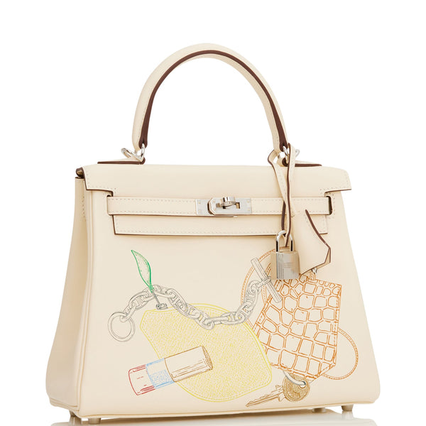 Hermès Kelly Nata Printed Swift in and Out 25 Retourne Palladium Hardware, 2021 (Like New), White Womens Handbag
