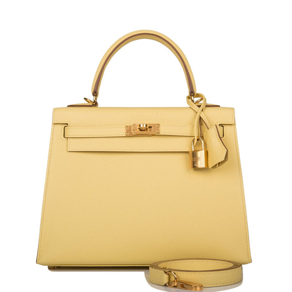 Jaune Poussin and Nata Epsom HSS Sellier Kelly 25 Brushed Gold Hardware,  2022, Handbags & Accessories, 2022