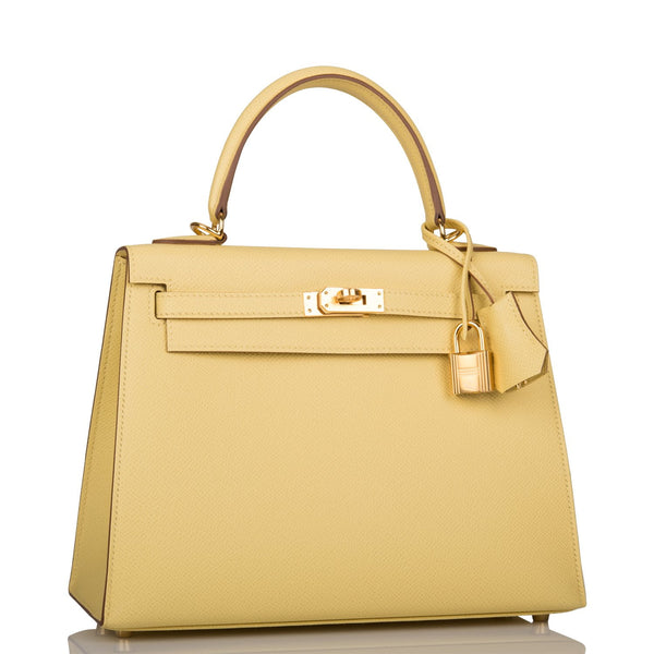 Hermes Kelly 25 Jaune Poussin Palladium Retourne Bag Handbag at 1stDibs