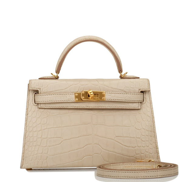 Hermes Mini Kelly II 20 8L Beton Matte Crocodile Alligator Gold