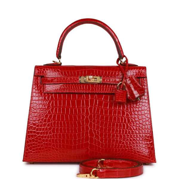 Hermes 32cm Shiny Rouge H Caiman Crocodile Sellier Kelly Bag with, Lot  #56190