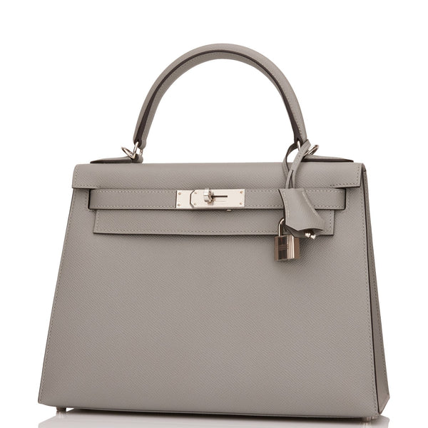 Hermes Special Order (HSS) Kelly Sellier 25 Craie and Gris Mouette Epsom Brushed Palladium Hardware Grey/Ivory Madison Avenue Couture