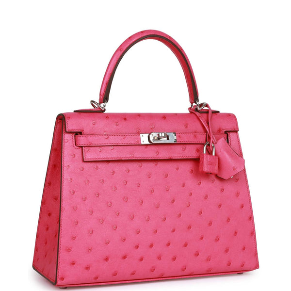 Hermes Kelly 25 Sellier Rose Tyrien Ostrich Palladium Hardware