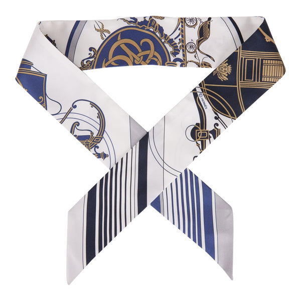 Hermes Blanc/Marine/Gris Silk Ex Libris Twilly Scarf - Yoogi's Closet