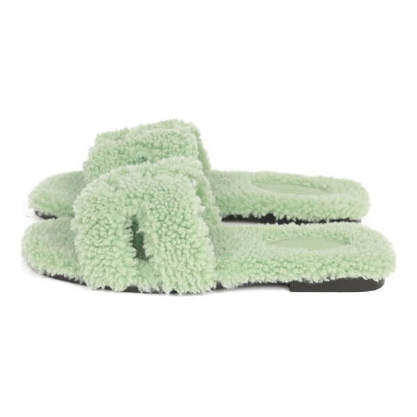 Hermes Oran Fur Woolskin Sandals In Light Green (Vert) Size 38.5 at 1stDibs