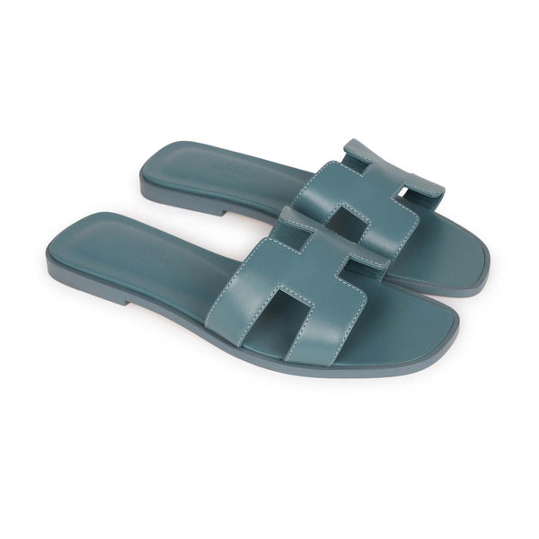 37 HERMES ORAN H SANDALS SLIPPERS CLASSIC Epsom Blue Bleu Bleuet