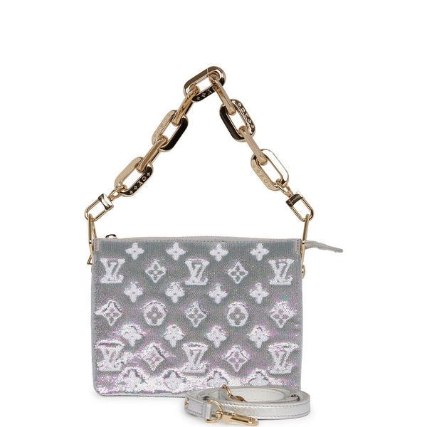 LOUIS VUITTON Satin Sequin Embroidered Monogram Coussin BB Silver 1241050