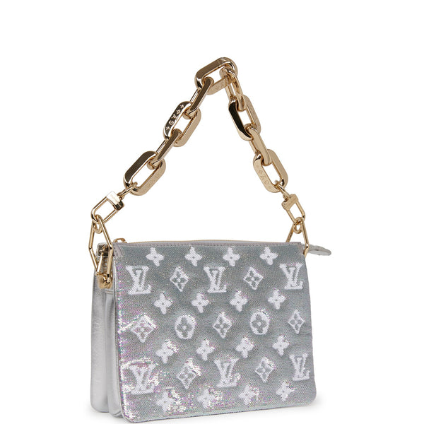 Louis Vuitton Silver Sequin and Monogram Embossed Silver Lambskin Coussin Bb Gold Hardware, 2022 (Like New), Womens Handbag