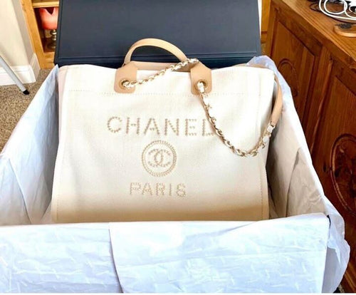Chanel Deauville Tote Pearl Embellished Canvas Medium - LA