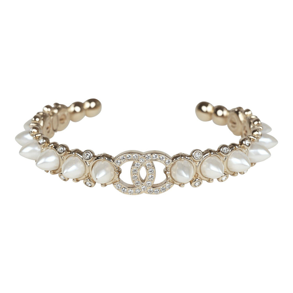 Chanel CC Spiked Crystal and Pearl Cuff Bracelet Light Gold Hardware Light Gold New and Never Worn Metal