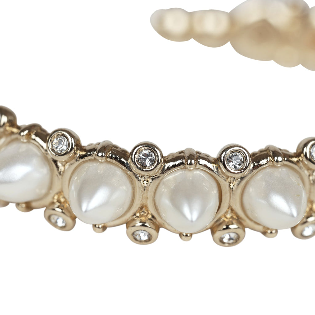 Chanel CC Spiked Crystal and Pearl Cuff Bracelet Light Gold Hardware