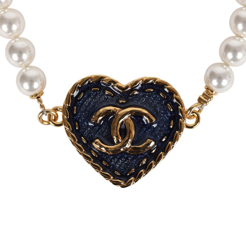 Chanel CC Heart Denim & Pearls Bracelet Blue/White Gold Hardware