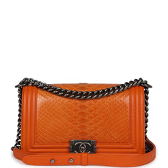 Pre-owned Chanel Medium Boy Bag Orange Python Aged Ruthenium Hardware