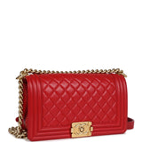 Pre-owned Chanel Medium Boy Bag Red Lambskin Antique Gold Hardware