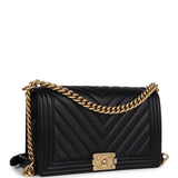 Pre-owned Chanel New Medium Chevron Boy Bag Black Calfskin Antique Gold Hardware