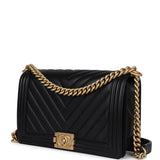 Pre-owned Chanel New Medium Chevron Boy Bag Black Calfskin Antique Gold Hardware