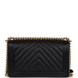 Pre-owned Chanel New Medium Chevron Boy Bag Black Calfskin Antique Gold Hardware