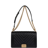 Pre-owned Chanel New Medium Chevron Boy Bag Black Calfskin Antique Gold Hardware