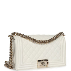 Chanel Medium Boy Bag White Caviar Light Gold Hardware