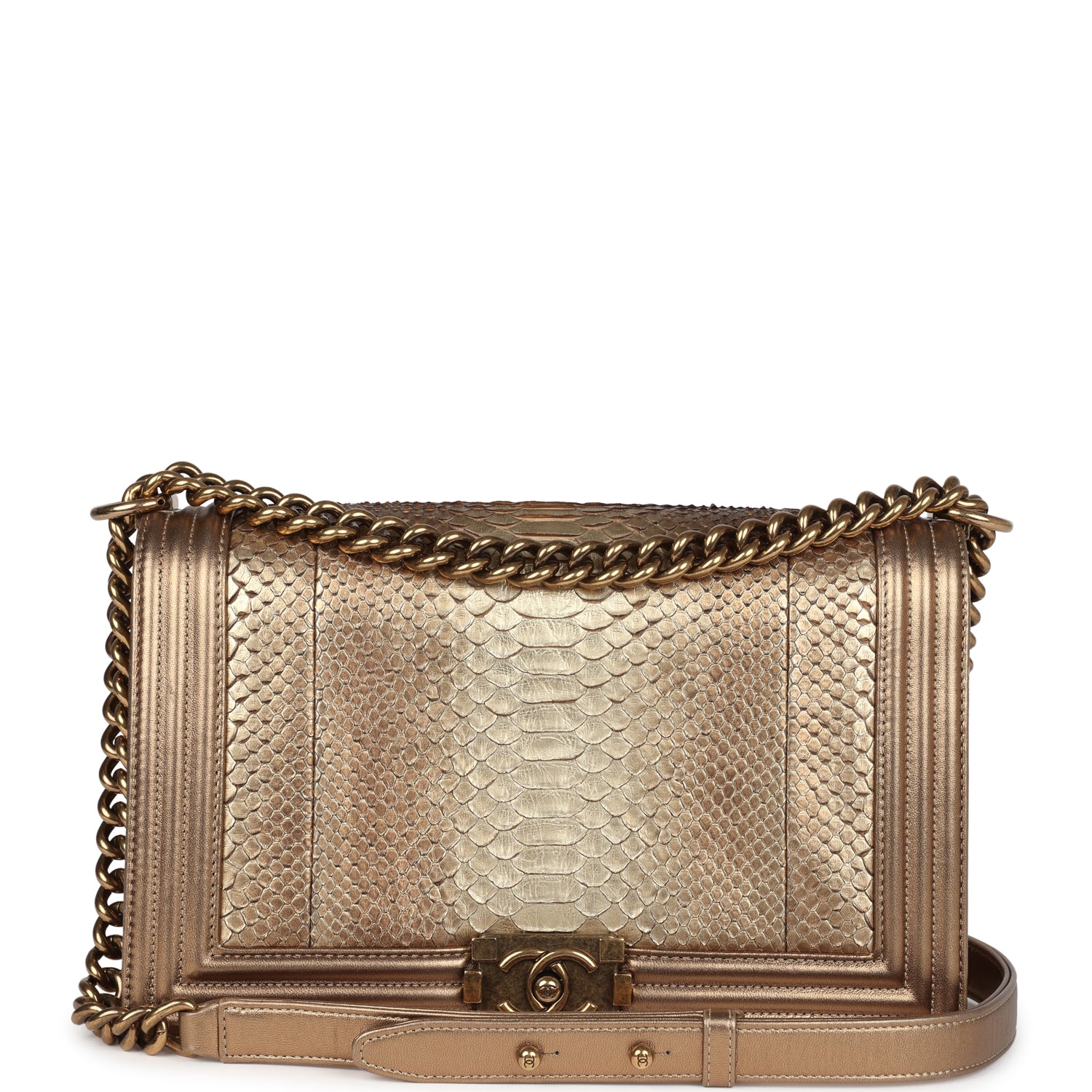 Pre-owned Chanel Medium Boy Bag Metallic Gold Python Antique Gold Hard