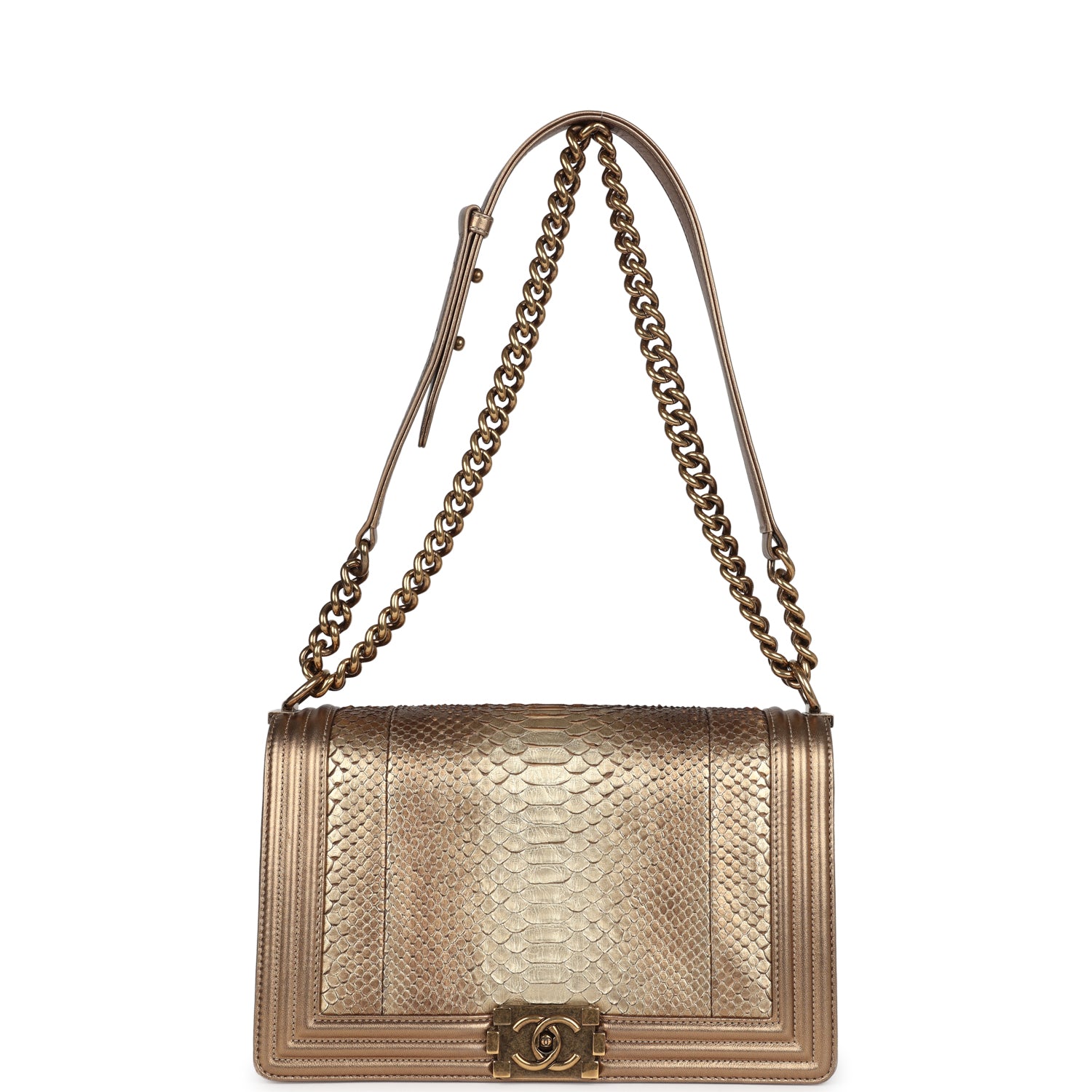 Pre-owned Chanel Medium Boy Bag Metallic Gold Python Antique Gold Hard