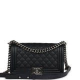 Pre-owned Chanel Medium Boy Bag Black Caviar Aged Ruthenium Hardware