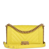 Chanel Medium Chevron Boy Bag Yellow Grained Calfskin Brushed Gold Hardware - Thumbnail View 1