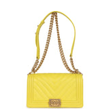 Chanel Medium Chevron Boy Bag Yellow Grained Calfskin Brushed Gold Hardware - Thumbnail View 7
