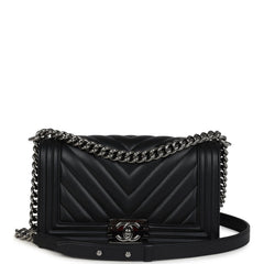 Pre-owned Chanel Medium Chevron Boy Bag Black Lambskin Ruthenium Hardware