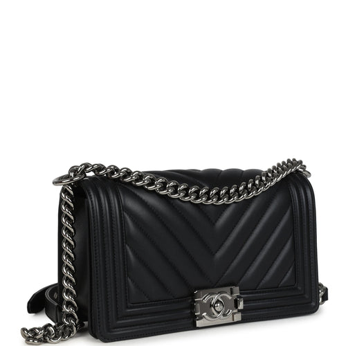 Pre-owned Chanel Medium Chevron Boy Bag Black Lambskin Ruthenium Hardware