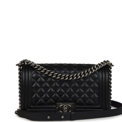 Pre-owned Chanel Medium Boy Bag Black Caviar Aged Ruthenium Hardware