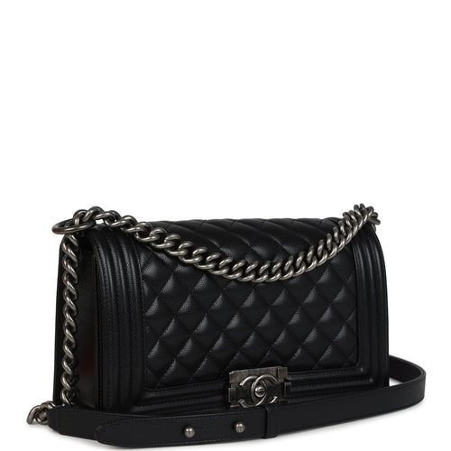 Pre-owned Chanel Medium Boy Bag Black Caviar Aged Ruthenium Hardware