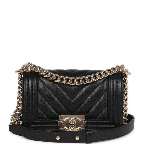Chanel Small Boy Bag Black Chevron Caviar Light Gold Hardware