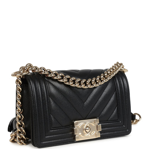 Chanel Small Boy Bag Black Chevron Caviar Light Gold Hardware