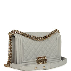 Pre-owned Chanel Medium Boy Bag Grey Shiny Caviar Light Gold Hardware