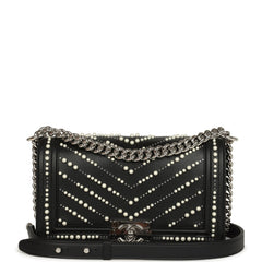 Chanel Medium Boy Bag Black Pearl Chevron Calfskin Silver Hardware