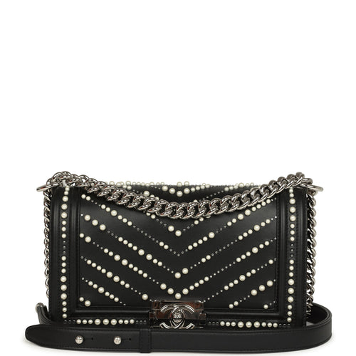 Chanel Medium Boy Bag Black Pearl Chevron Calfskin Silver Hardware