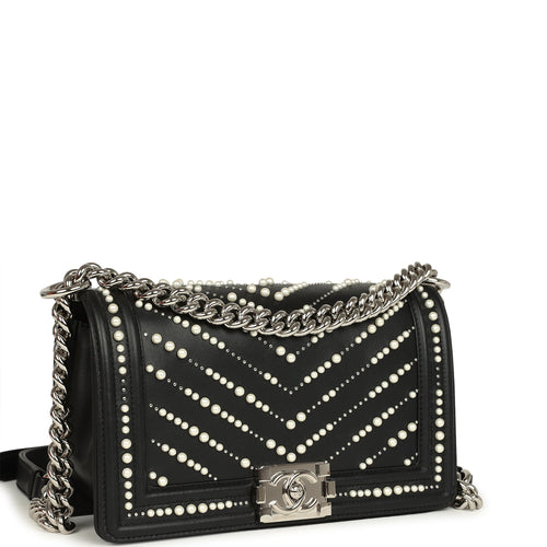 Chanel Medium Boy Bag Black Pearl Chevron Calfskin Silver Hardware