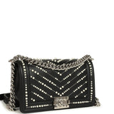 Chanel Medium Boy Bag Black Pearl Chevron Calfskin Silver Hardware