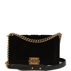 Pre-owned Chanel Medium Boy Bag Black Chevron Velvet Antique Gold Hardware