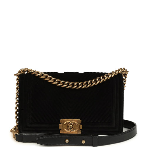 Pre-owned Chanel Medium Boy Bag Black Chevron Velvet Antique Gold Hardware