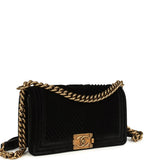 Pre-owned Chanel Medium Boy Bag Black Chevron Velvet Antique Gold Hardware