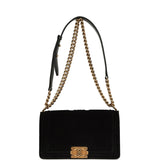 Pre-owned Chanel Medium Boy Bag Black Chevron Velvet Antique Gold Hardware